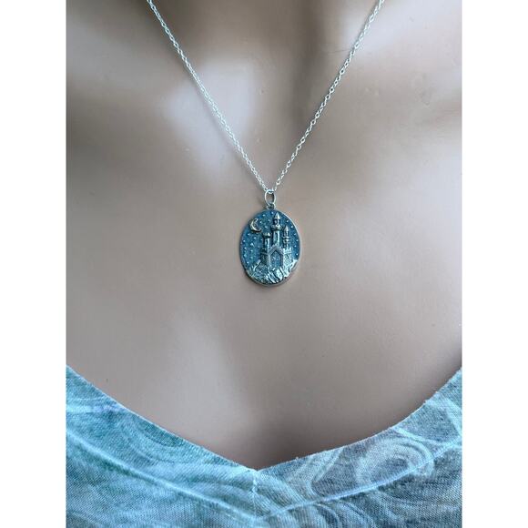 Sterling Silver Castle Charm with Bronze Moon Necklace - Picture 1 of 5